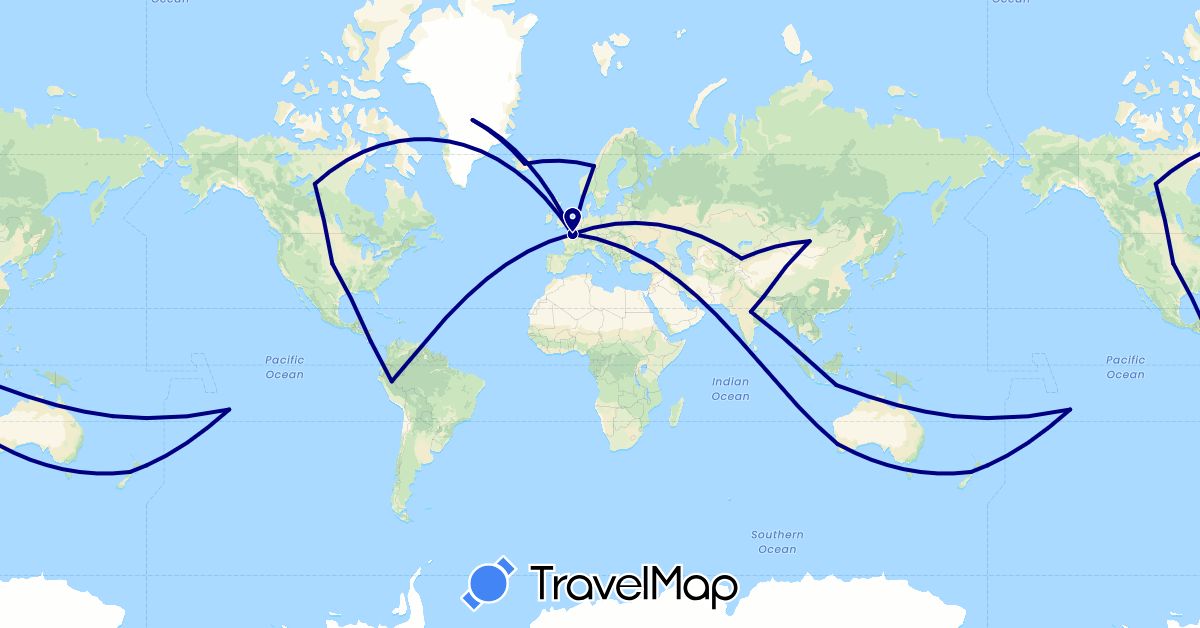 TravelMap itinerary: driving in Australia, Canada, Costa Rica, France, Greenland, Indonesia, India, Iceland, Kyrgyzstan, Mongolia, Norway, Nepal, New Zealand, Peru, United States (Asia, Europe, North America, Oceania, South America)
